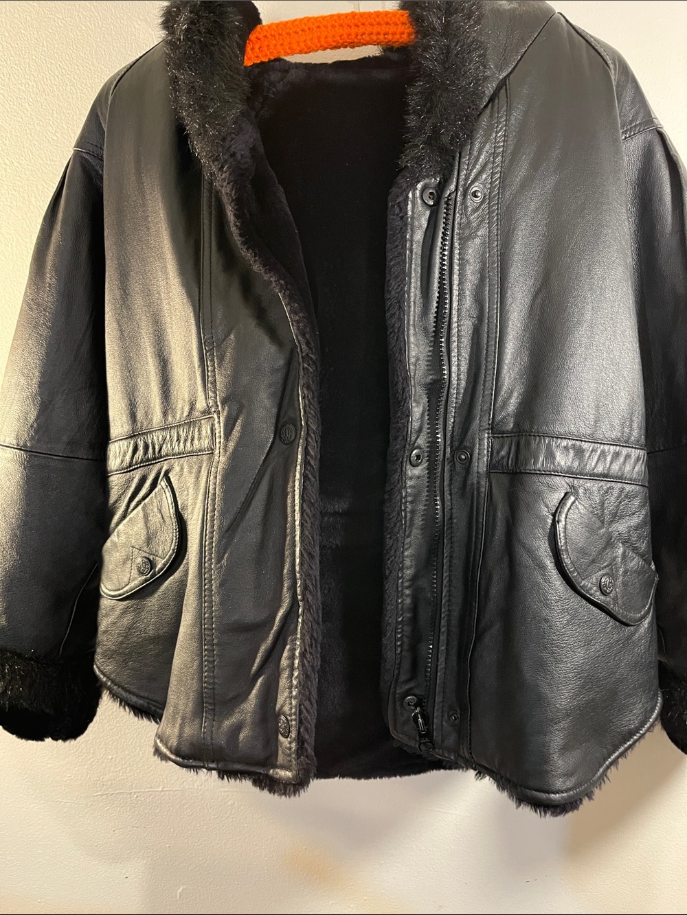 Black Leather Hooded Jacket with Fur Trim - Women